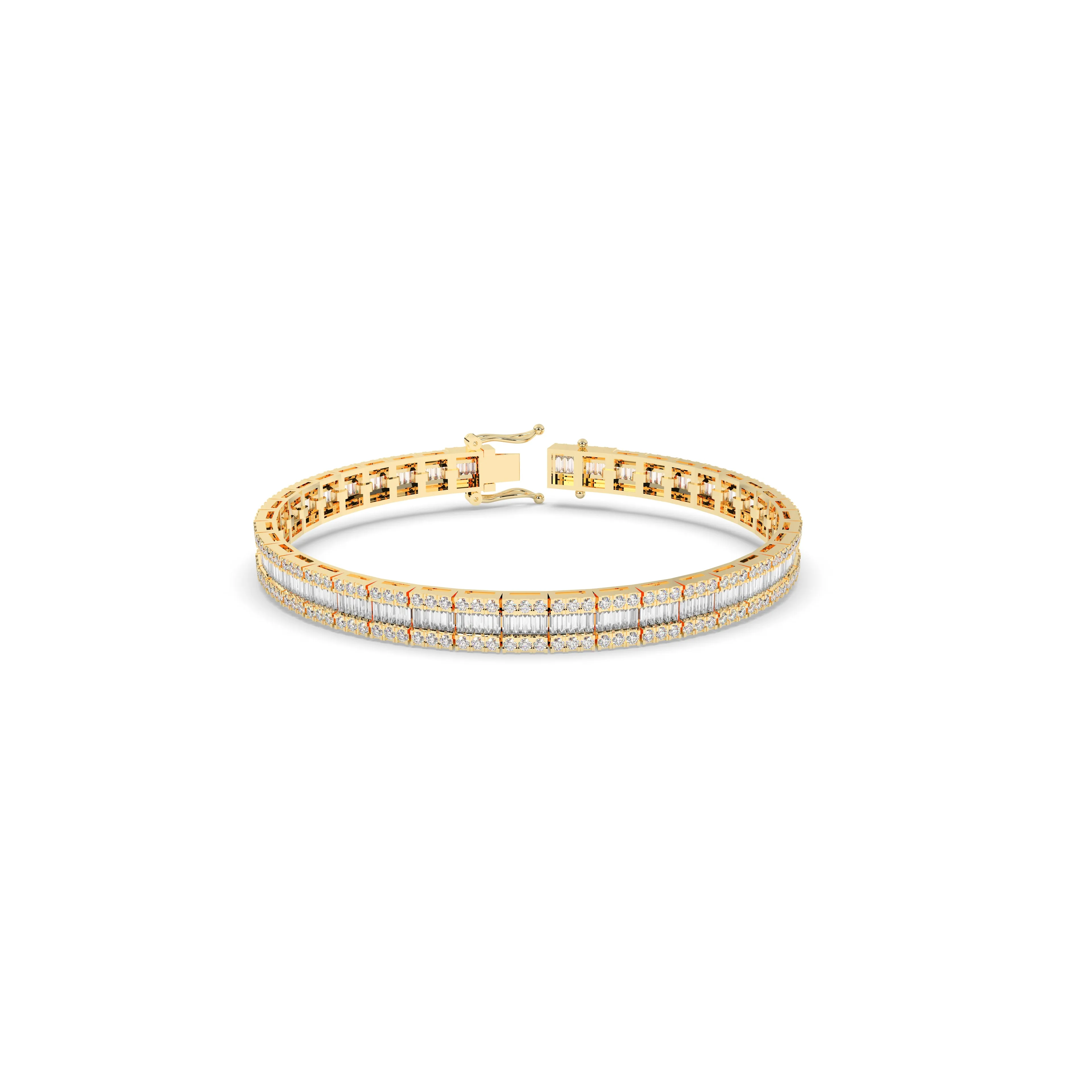 Diamond Bracelet with Baguette Center Row surrounded by Rows of Round-Cut Diamonds