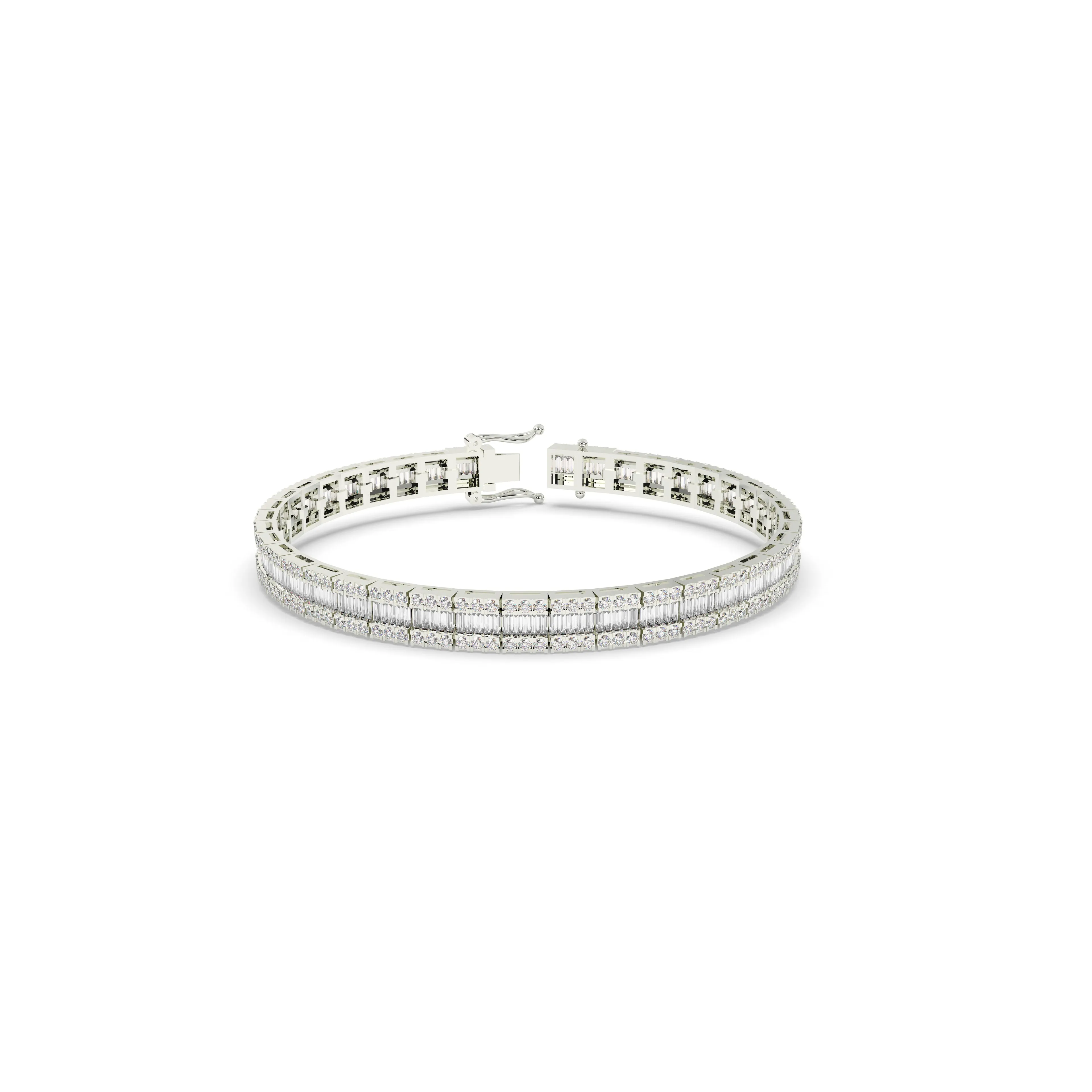 Diamond Bracelet with Baguette Center Row surrounded by Rows of Round-Cut Diamonds