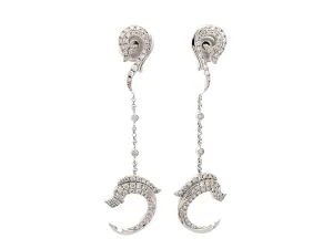 Diamond Dolphin Dangly Drop Earrings 18K Solid White Gold