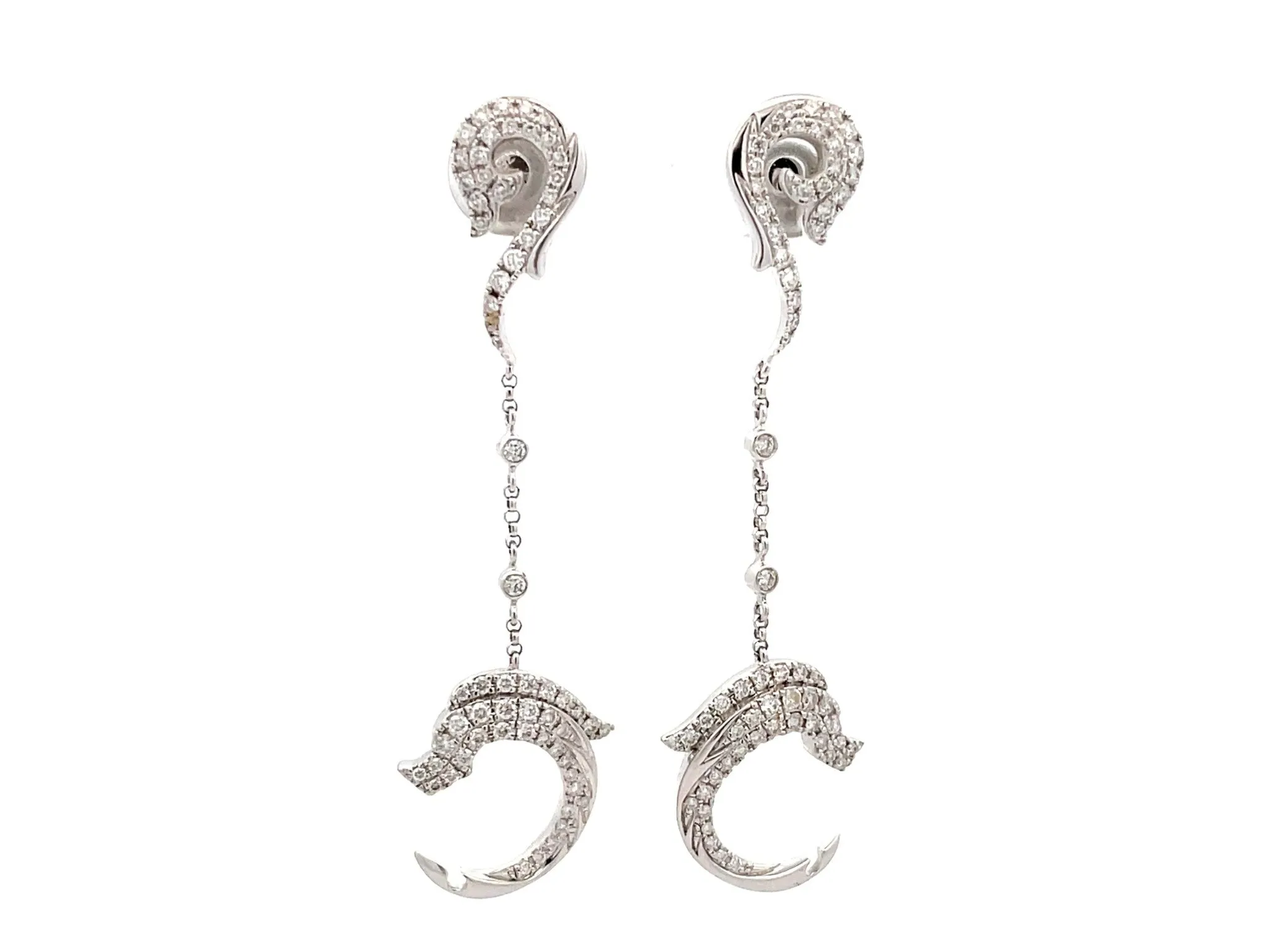 Diamond Dolphin Dangly Drop Earrings 18K Solid White Gold