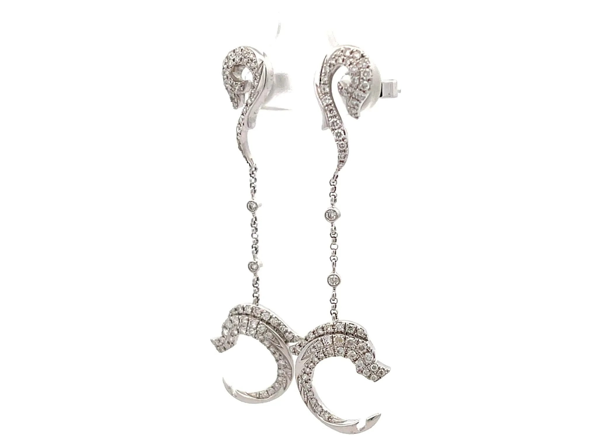Diamond Dolphin Dangly Drop Earrings 18K Solid White Gold