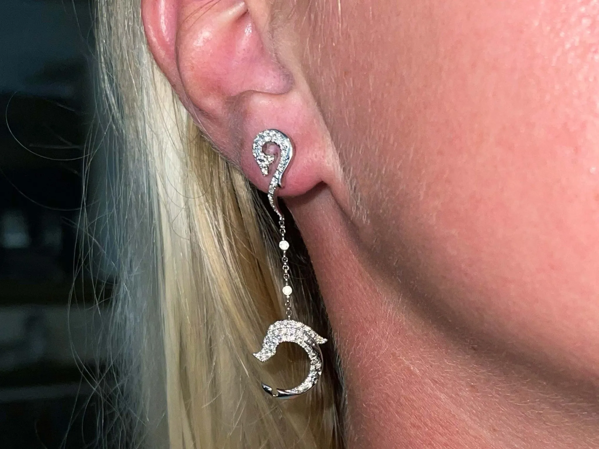 Diamond Dolphin Dangly Drop Earrings 18K Solid White Gold