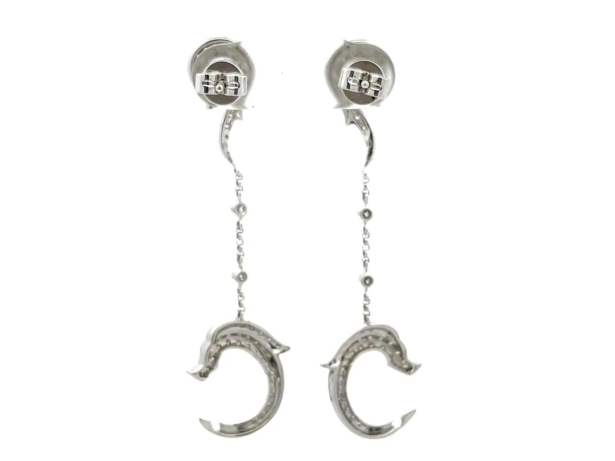 Diamond Dolphin Dangly Drop Earrings 18K Solid White Gold