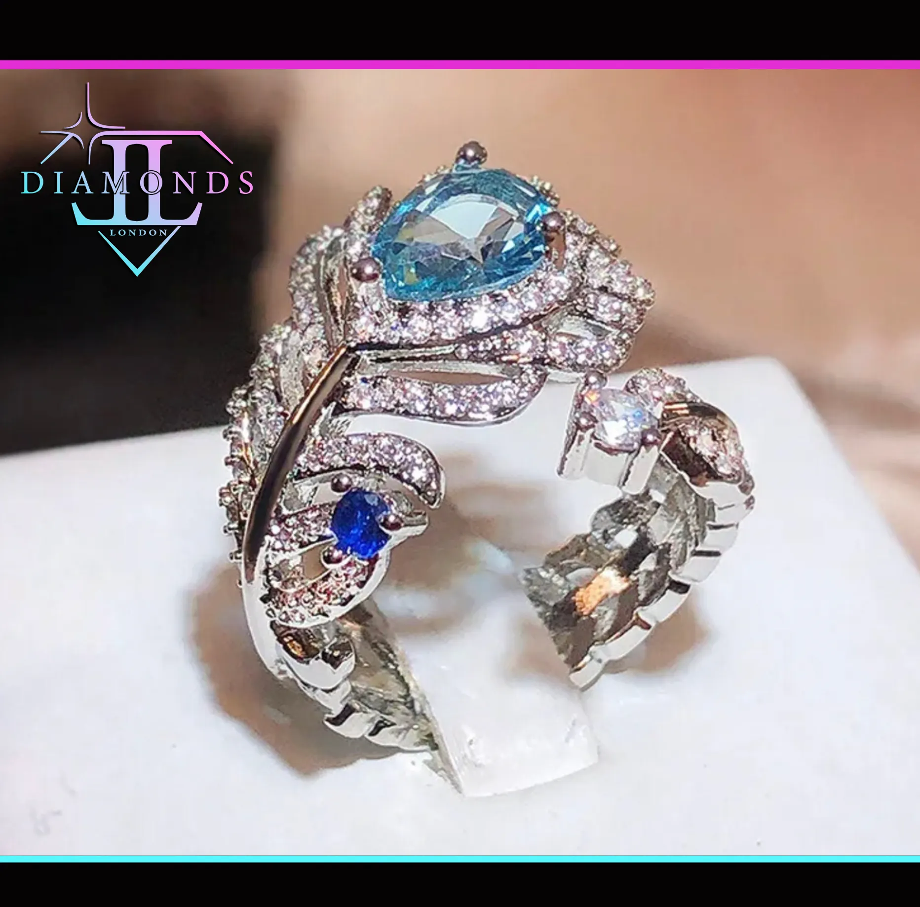 Diamond Feather Ring | Blue Diamond Ring | Peacock Diamond Ring
