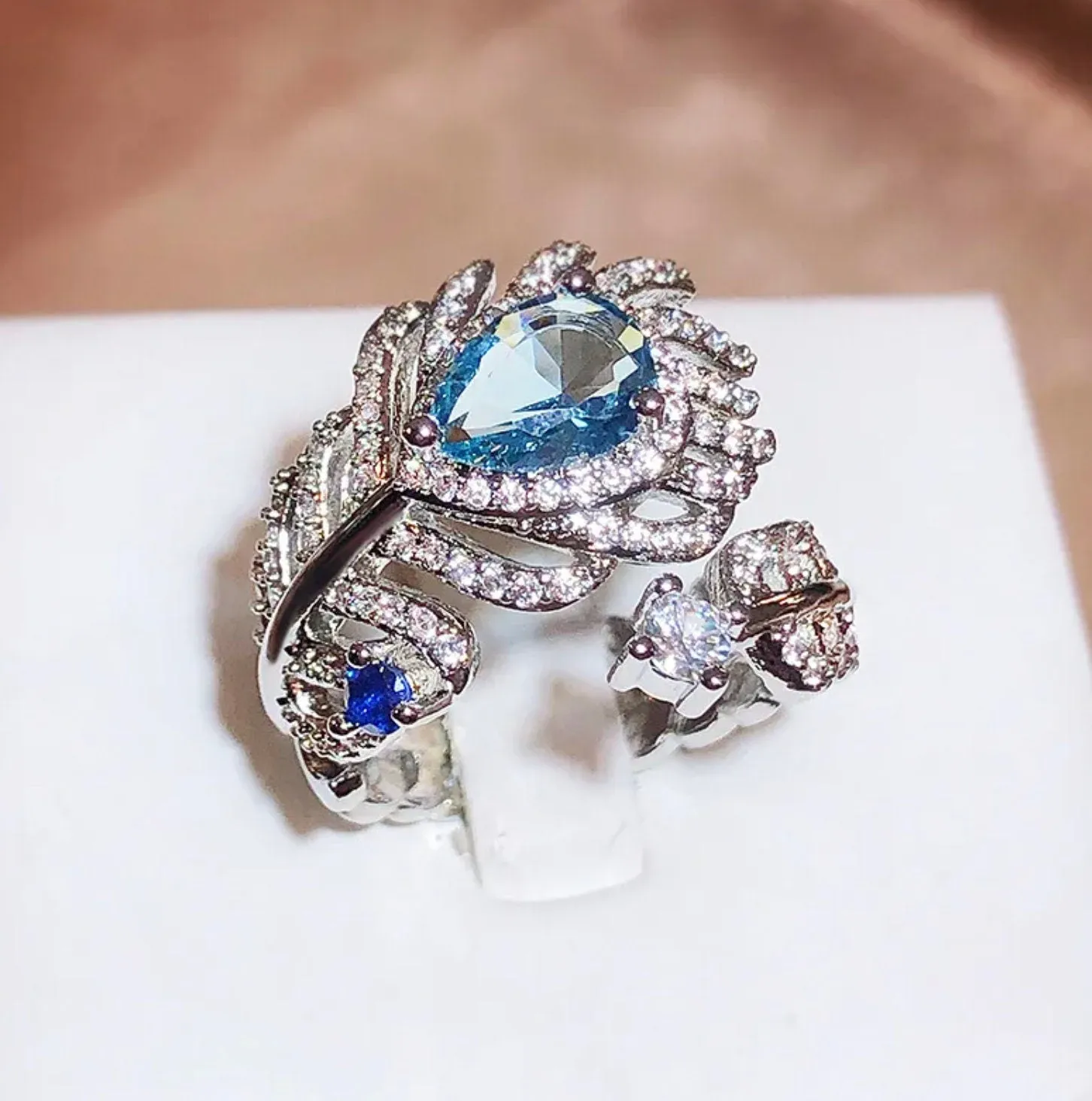 Diamond Feather Ring | Blue Diamond Ring | Peacock Diamond Ring