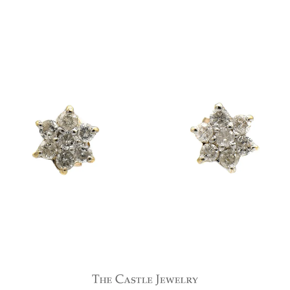 Diamond Flower Cluster Stud Earrings in 14k Yellow Gold Butterfly Pushbacks
