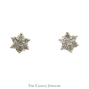 Diamond Flower Cluster Stud Earrings in 14k Yellow Gold Butterfly Pushbacks