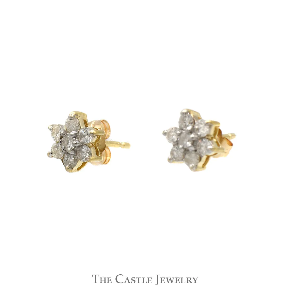 Diamond Flower Cluster Stud Earrings in 14k Yellow Gold Butterfly Pushbacks