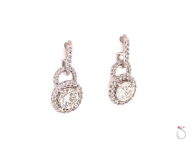 Diamond Halo Drop Dangling Earrings, 2.00 Carat Diamond Earrings 18K White Gold