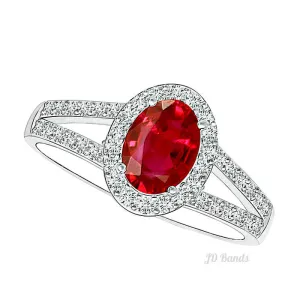 Diamond Halo Ruby Split Shank Ring Band