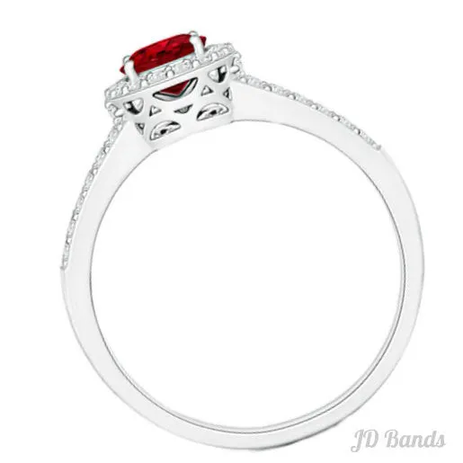 Diamond Halo Ruby Split Shank Ring Band