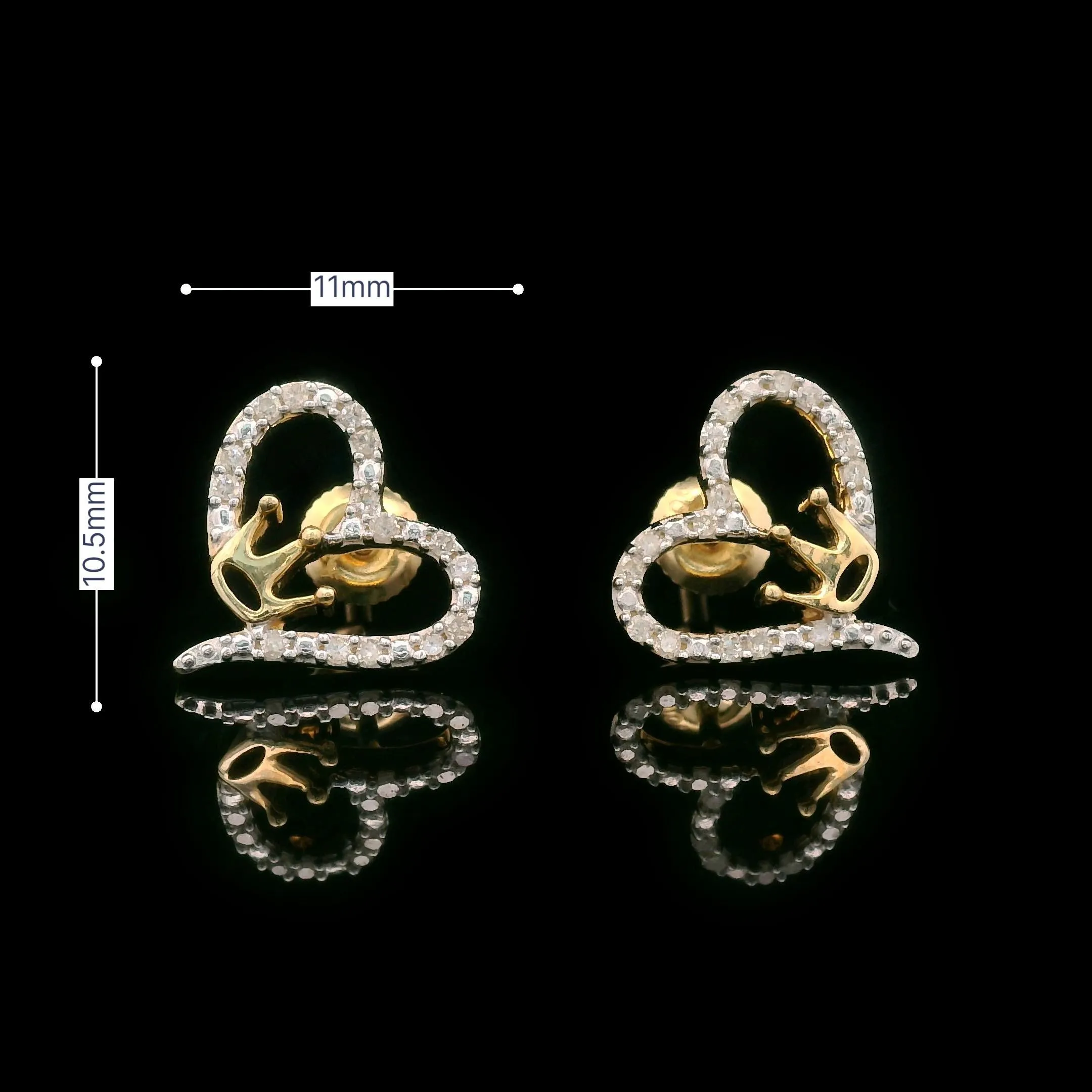 Diamond Heart & Crown Screw Back Earrings 10k Yellow Gold 0.12ctw