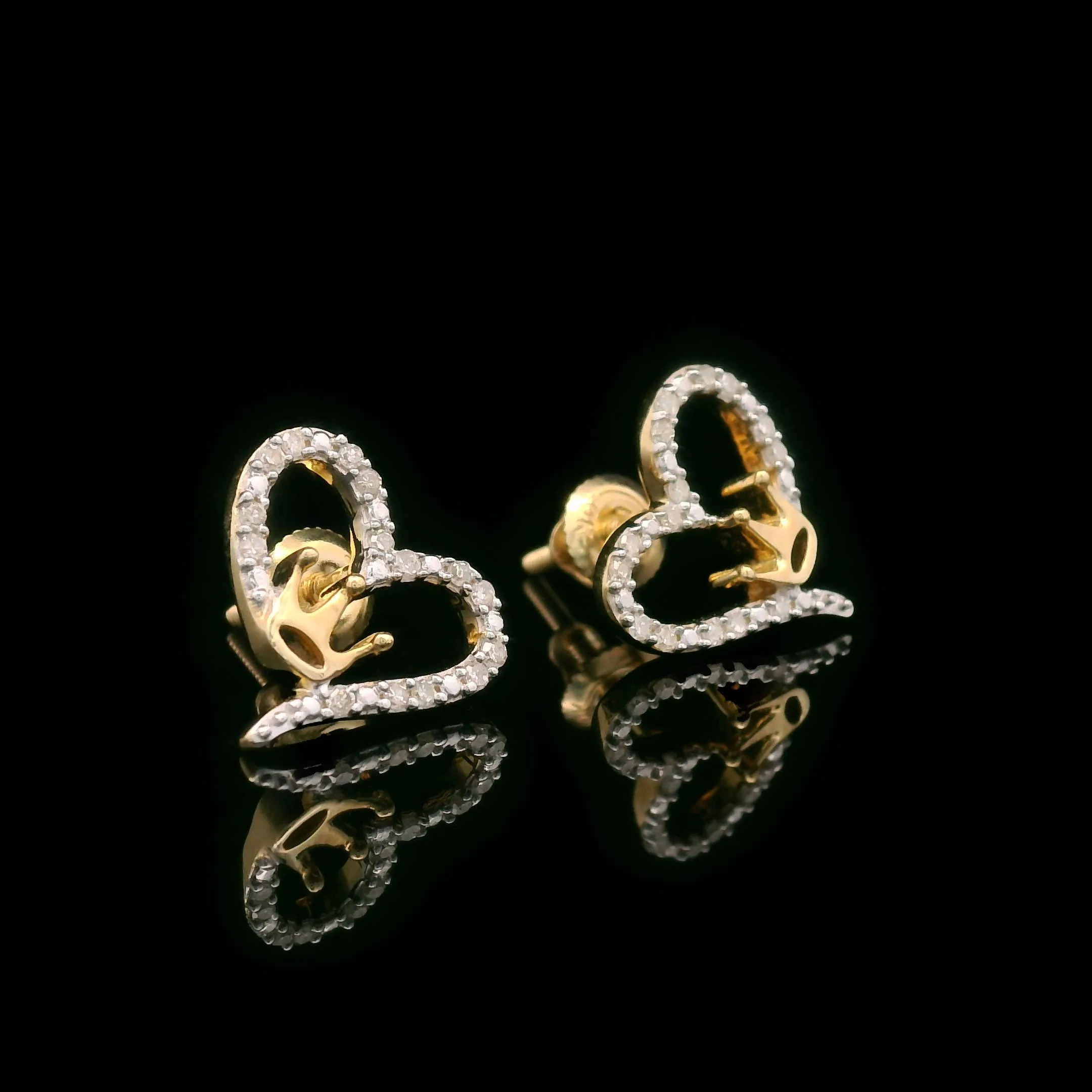 Diamond Heart & Crown Screw Back Earrings 10k Yellow Gold 0.12ctw