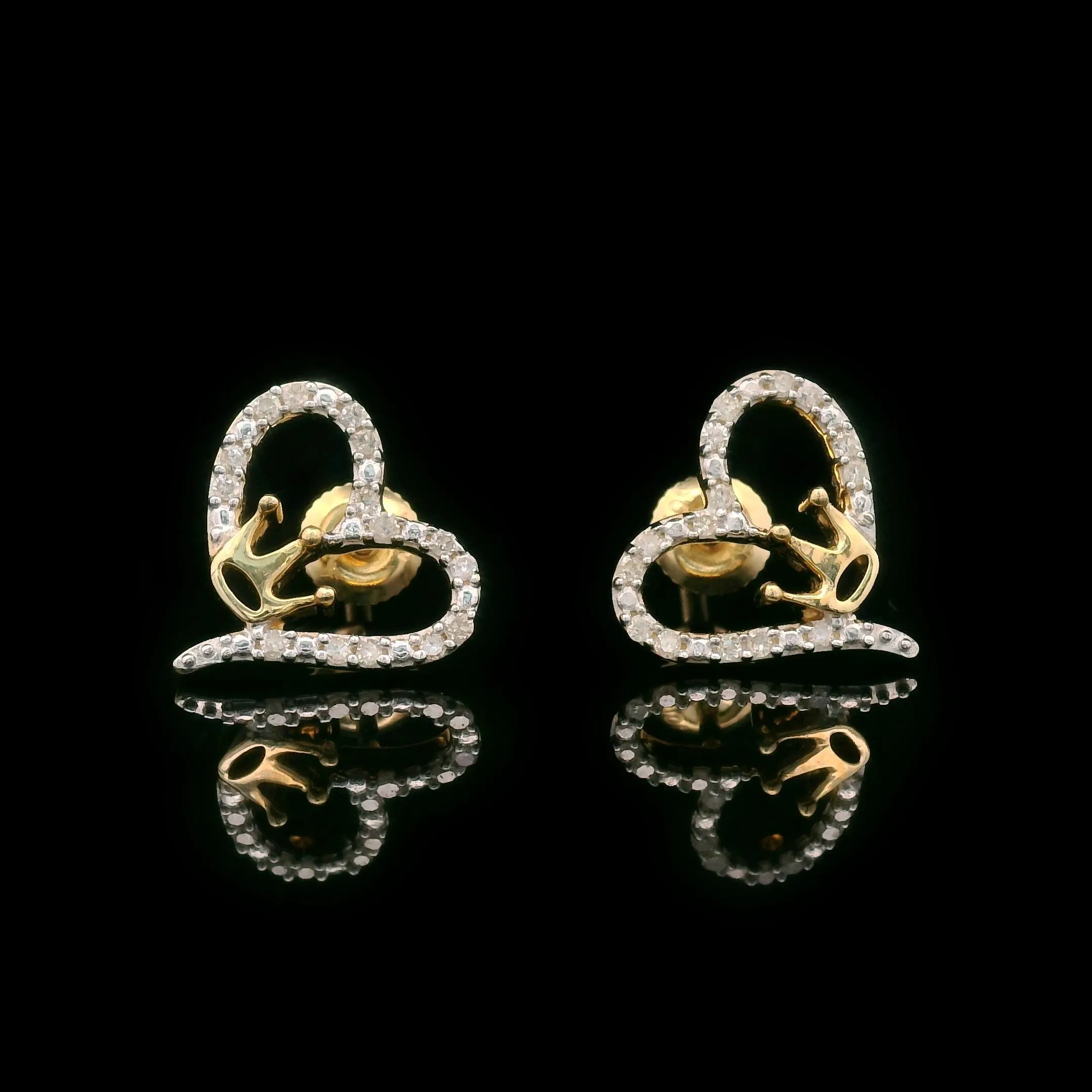 Diamond Heart & Crown Screw Back Earrings 10k Yellow Gold 0.12ctw