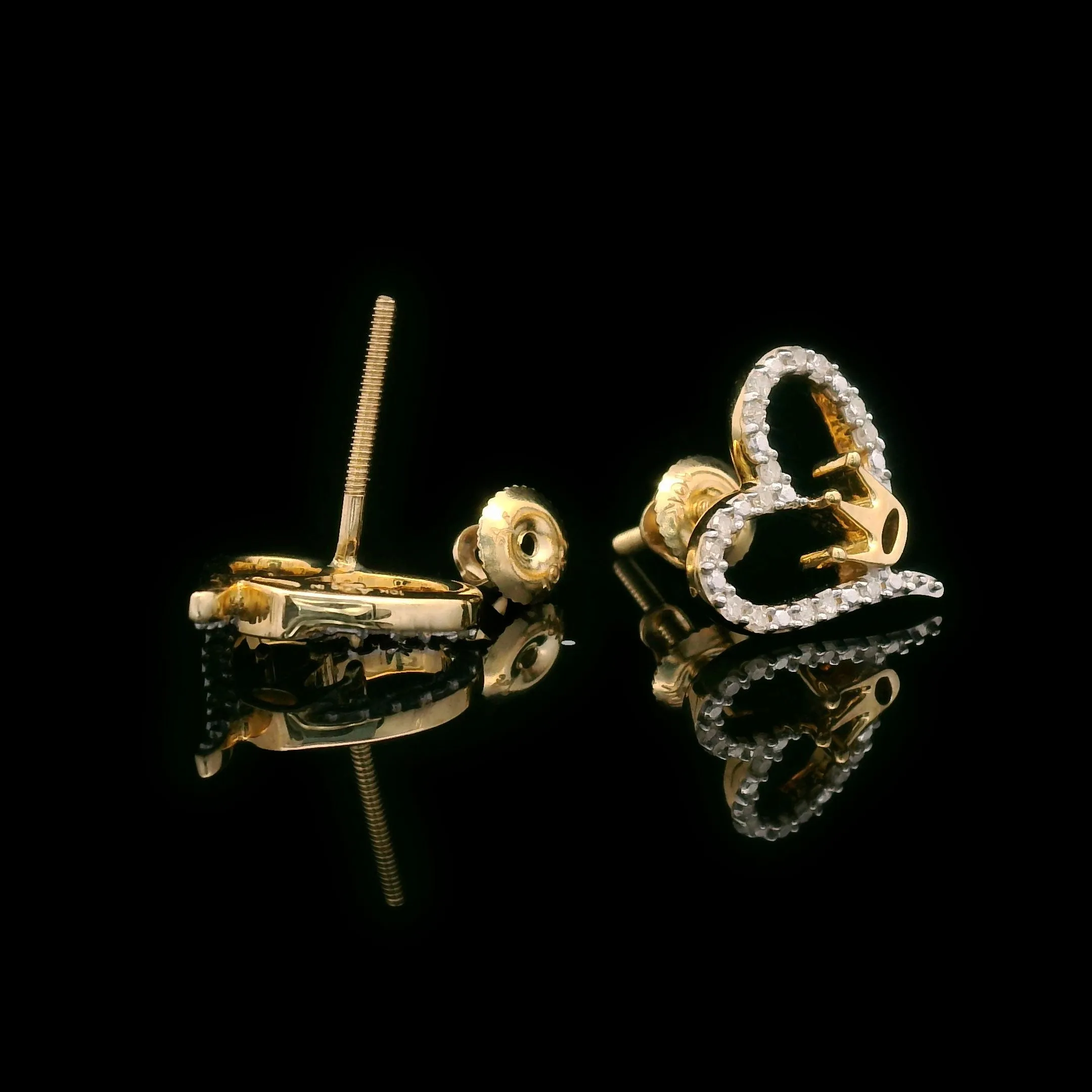 Diamond Heart & Crown Screw Back Earrings 10k Yellow Gold 0.12ctw