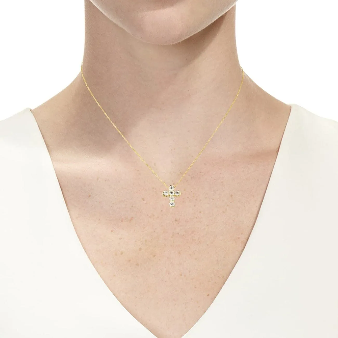 Diamond Square-Set Cross Pendant 18K Yellow Gold Necklace
