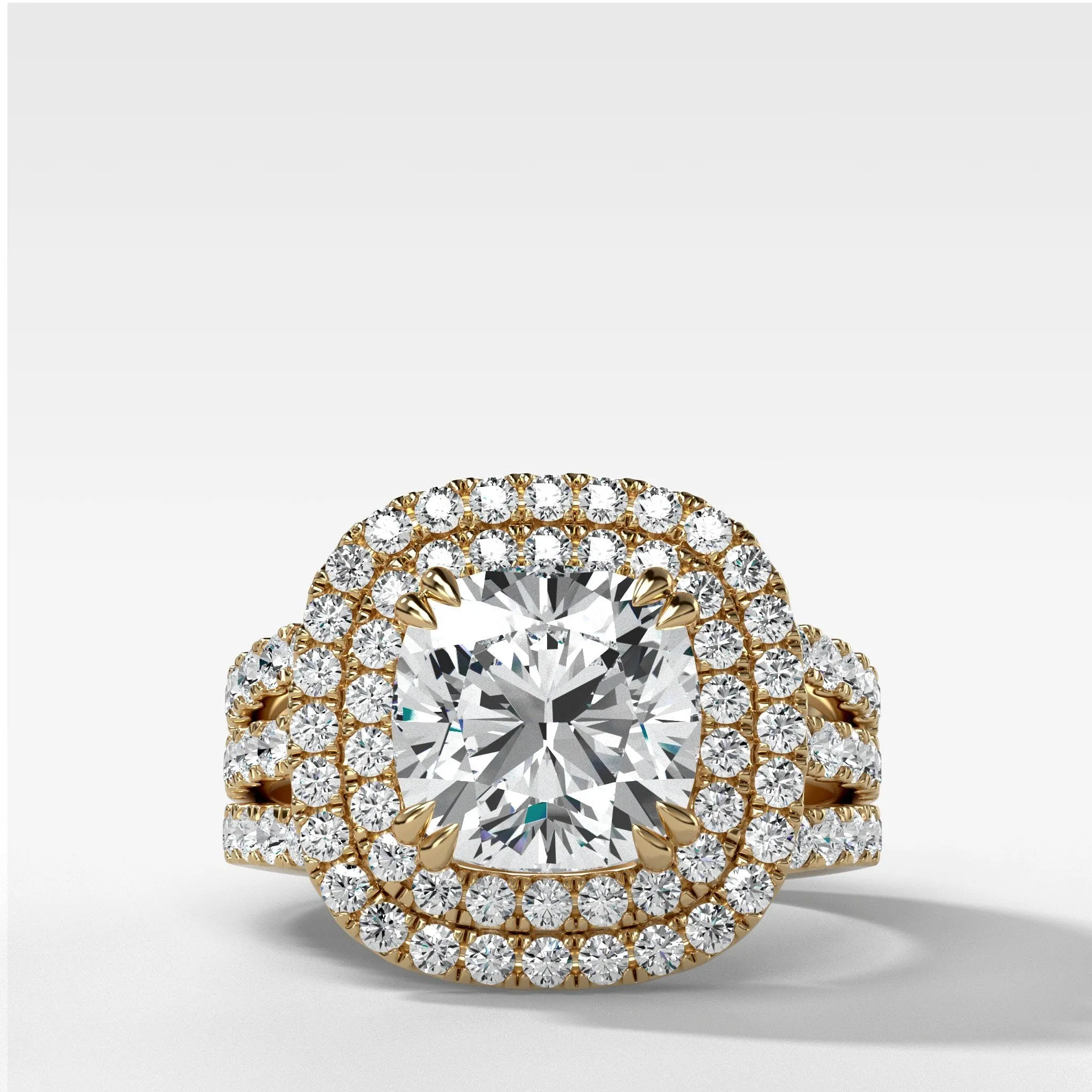 Double Halo Triple Shank Engagement Ring With Cushion Cut Diamond