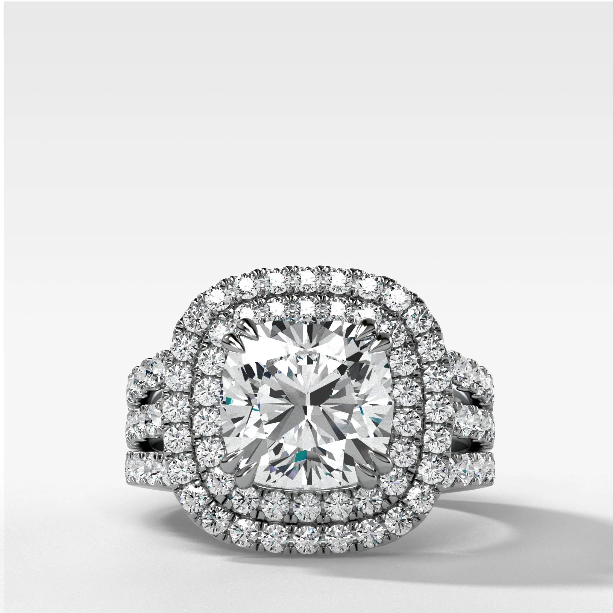 Double Halo Triple Shank Engagement Ring With Cushion Cut Diamond
