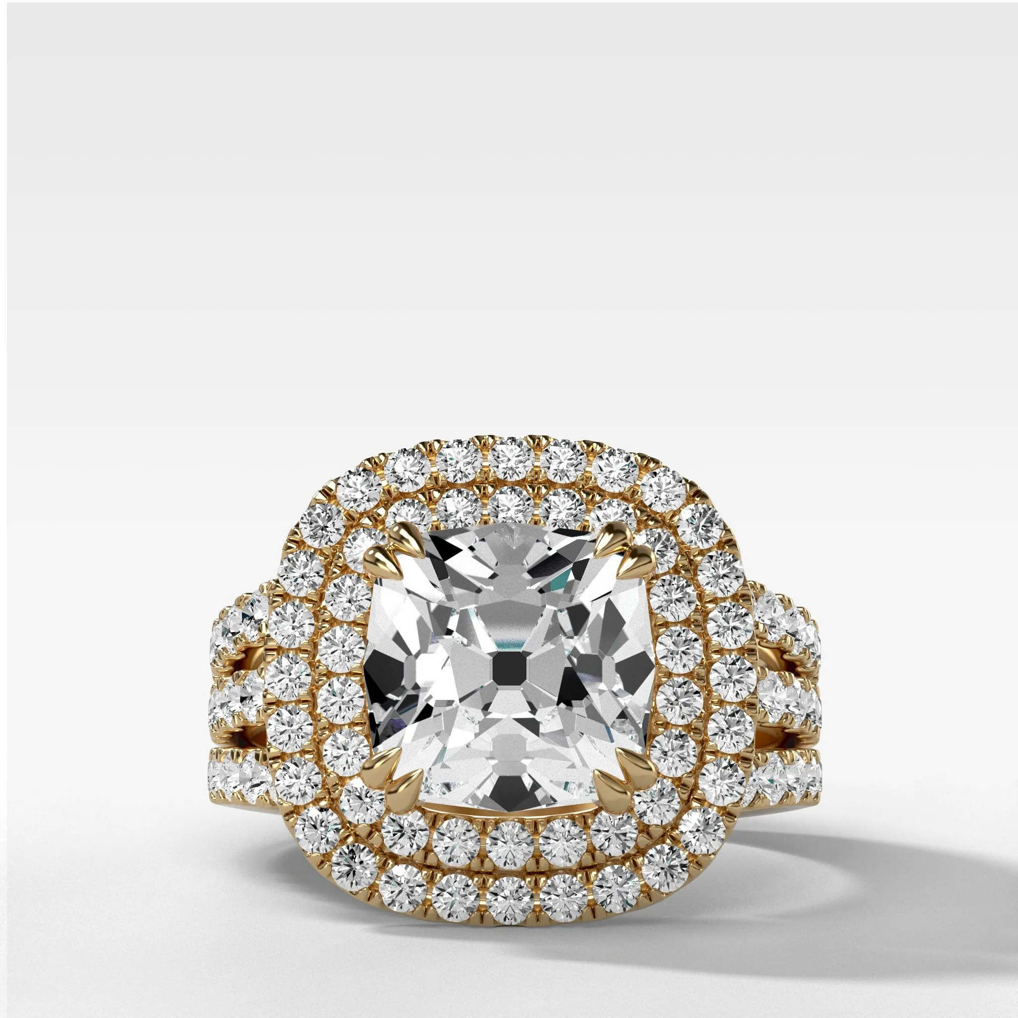 Double Halo Triple Shank Engagement Ring With Old Mine Cut Diamond