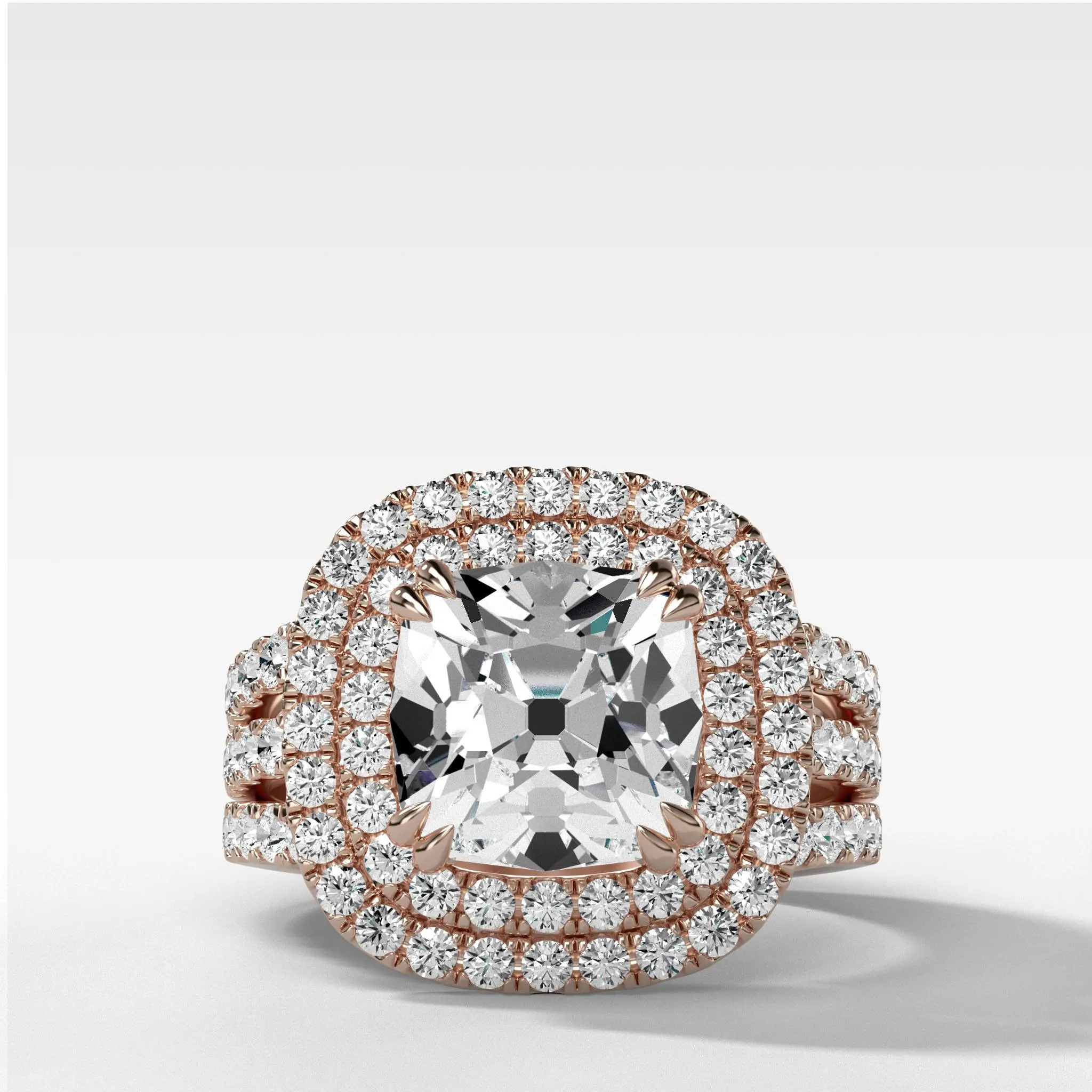 Double Halo Triple Shank Engagement Ring With Old Mine Cut Diamond