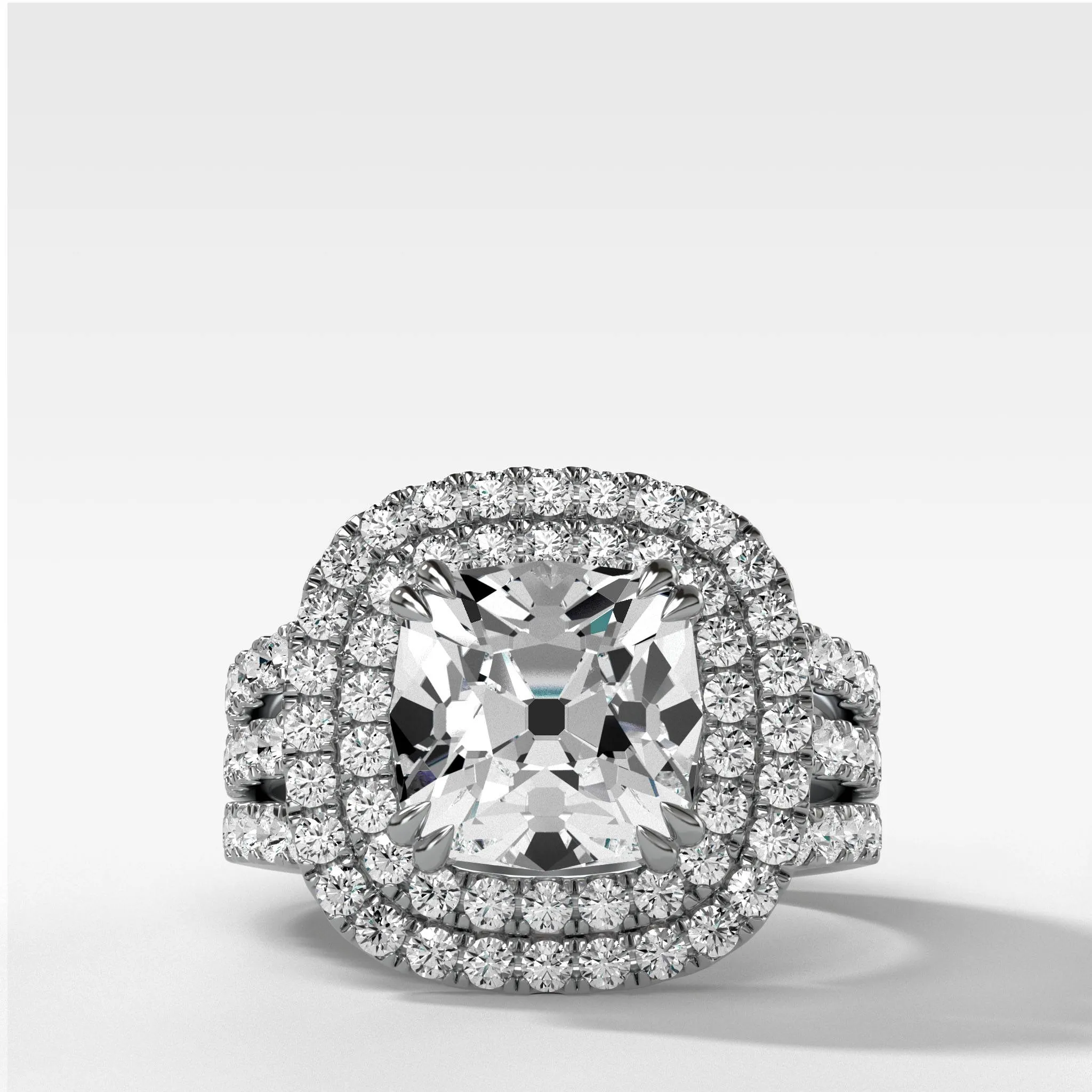 Double Halo Triple Shank Engagement Ring With Old Mine Cut Diamond