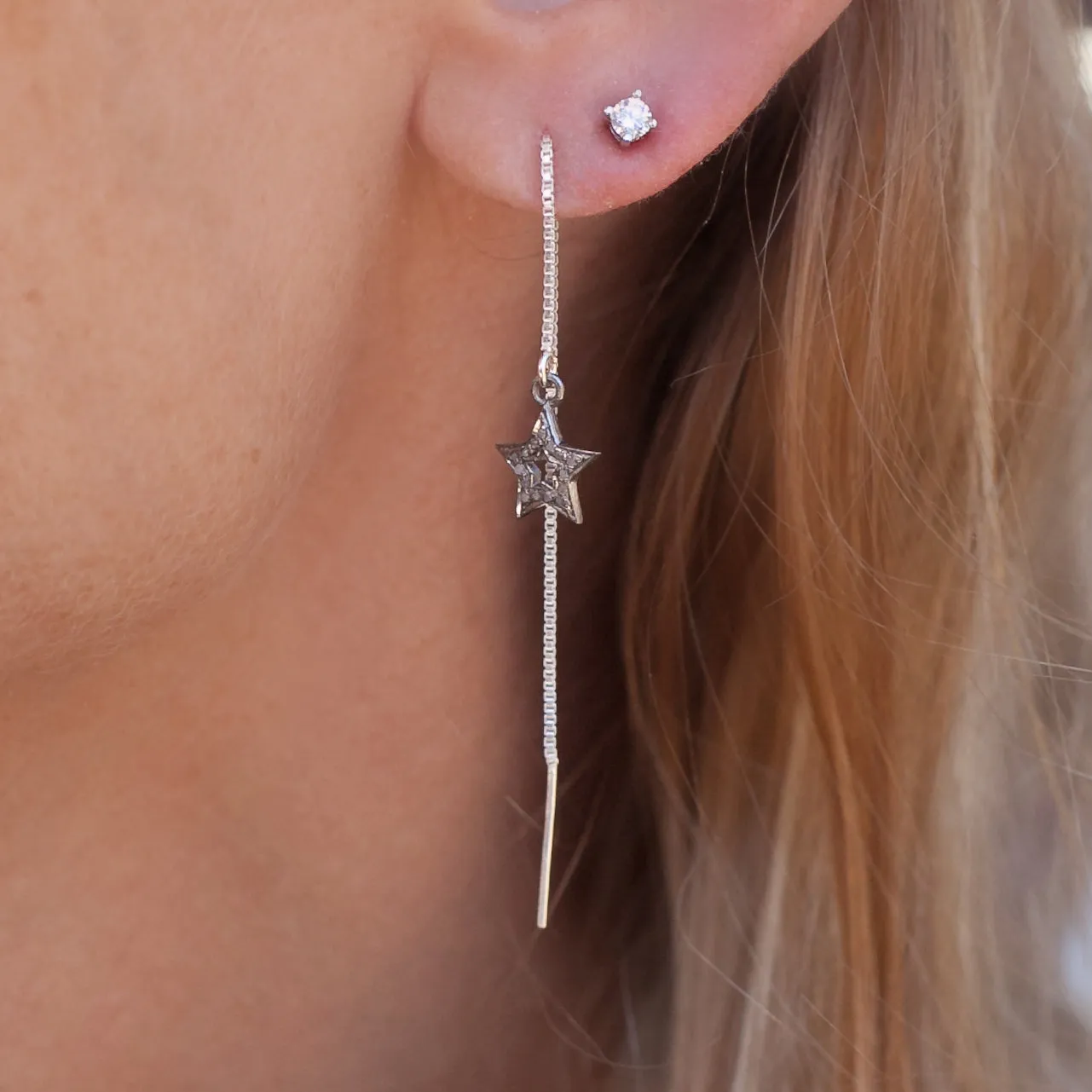 Earring Threader with Diamond Star Sterling Silver Pave Setting