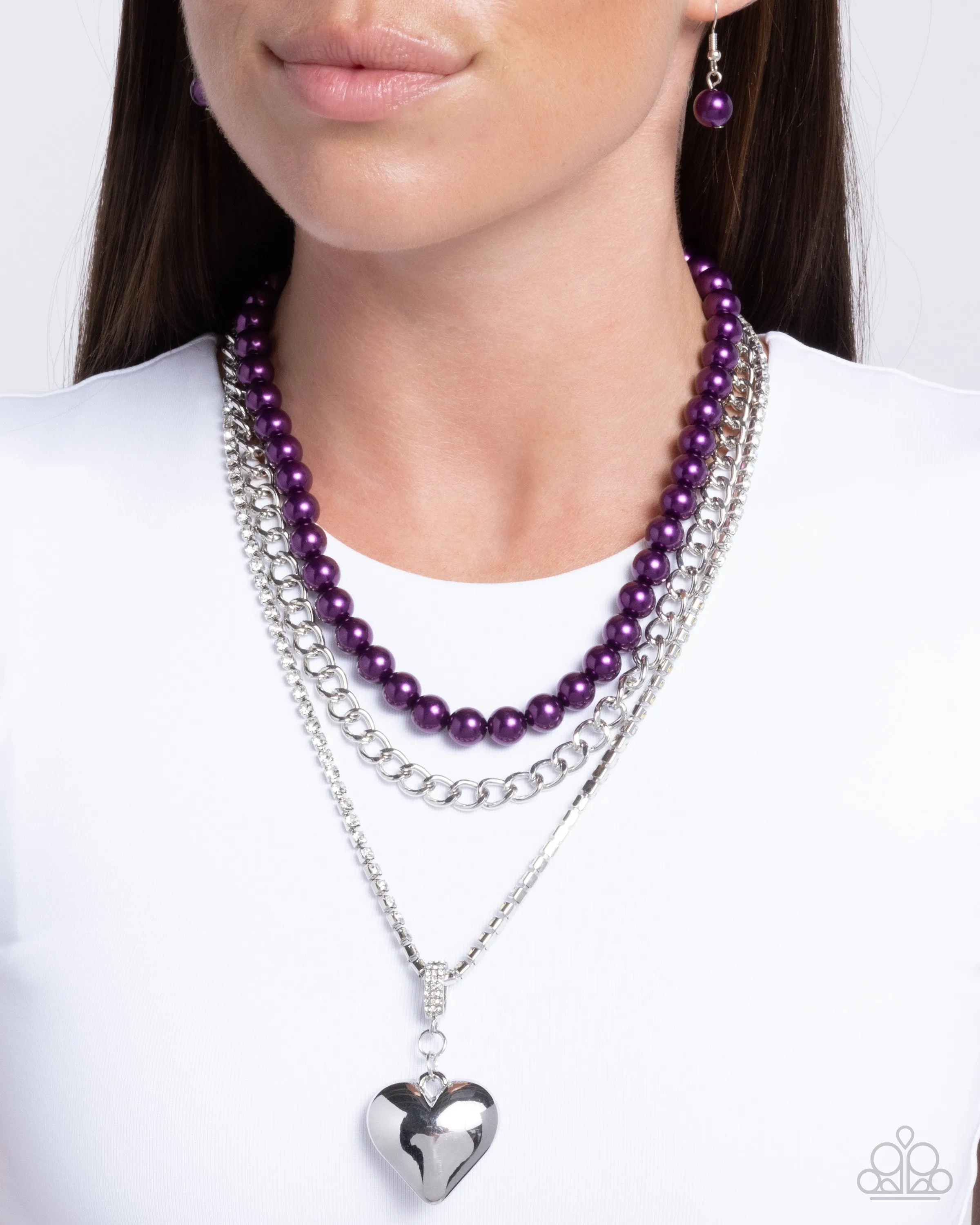Easy Elevation - Purple - Pearl Silver Curb Chain Heart Tiered Paparazzi Short Necklace