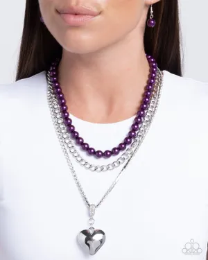 Easy Elevation - Purple - Pearl Silver Curb Chain Heart Tiered Paparazzi Short Necklace