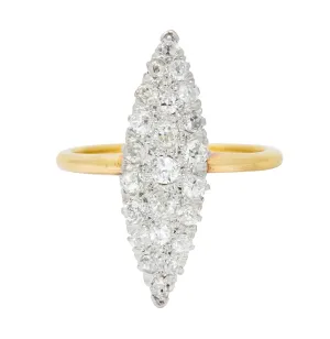 Edwardian 0.88 CTW Diamond Platinum-Topped 14 Karat Gold Navette Cluster Ring