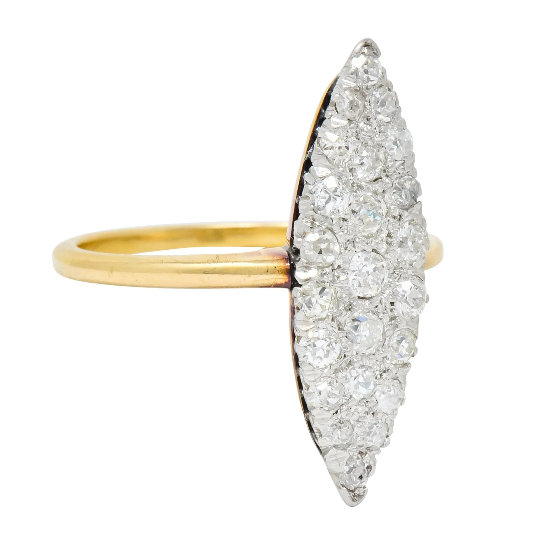 Edwardian 0.88 CTW Diamond Platinum-Topped 14 Karat Gold Navette Cluster Ring