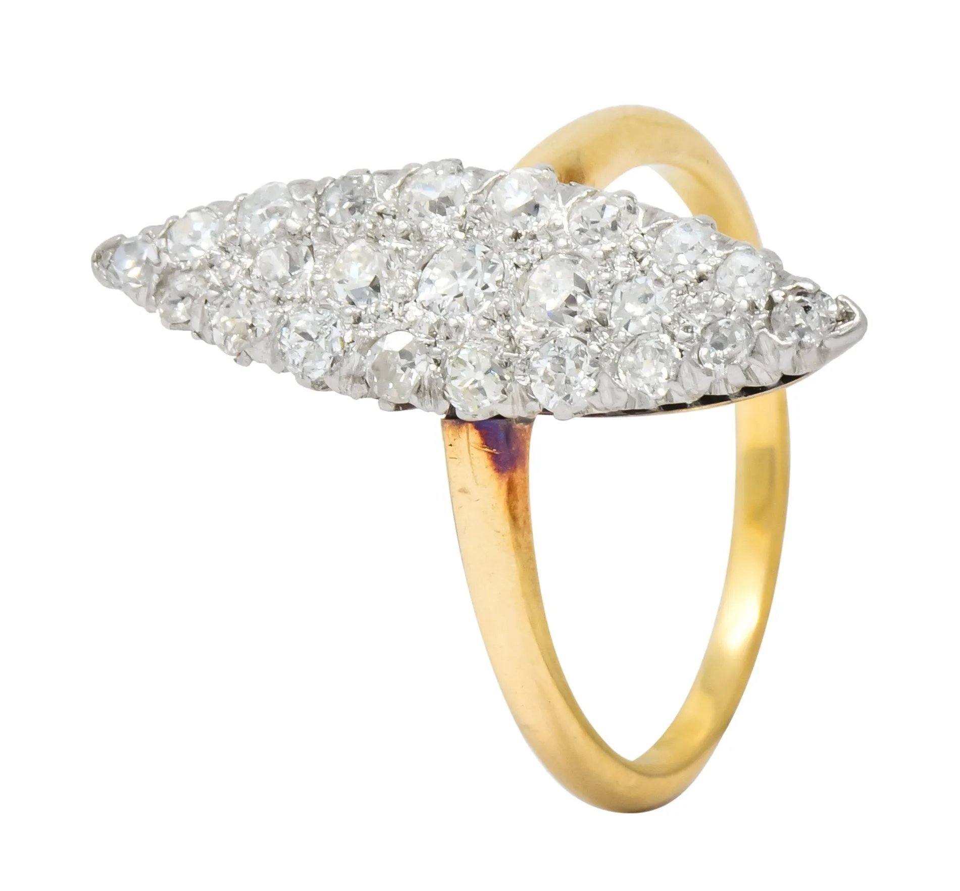 Edwardian 0.88 CTW Diamond Platinum-Topped 14 Karat Gold Navette Cluster Ring