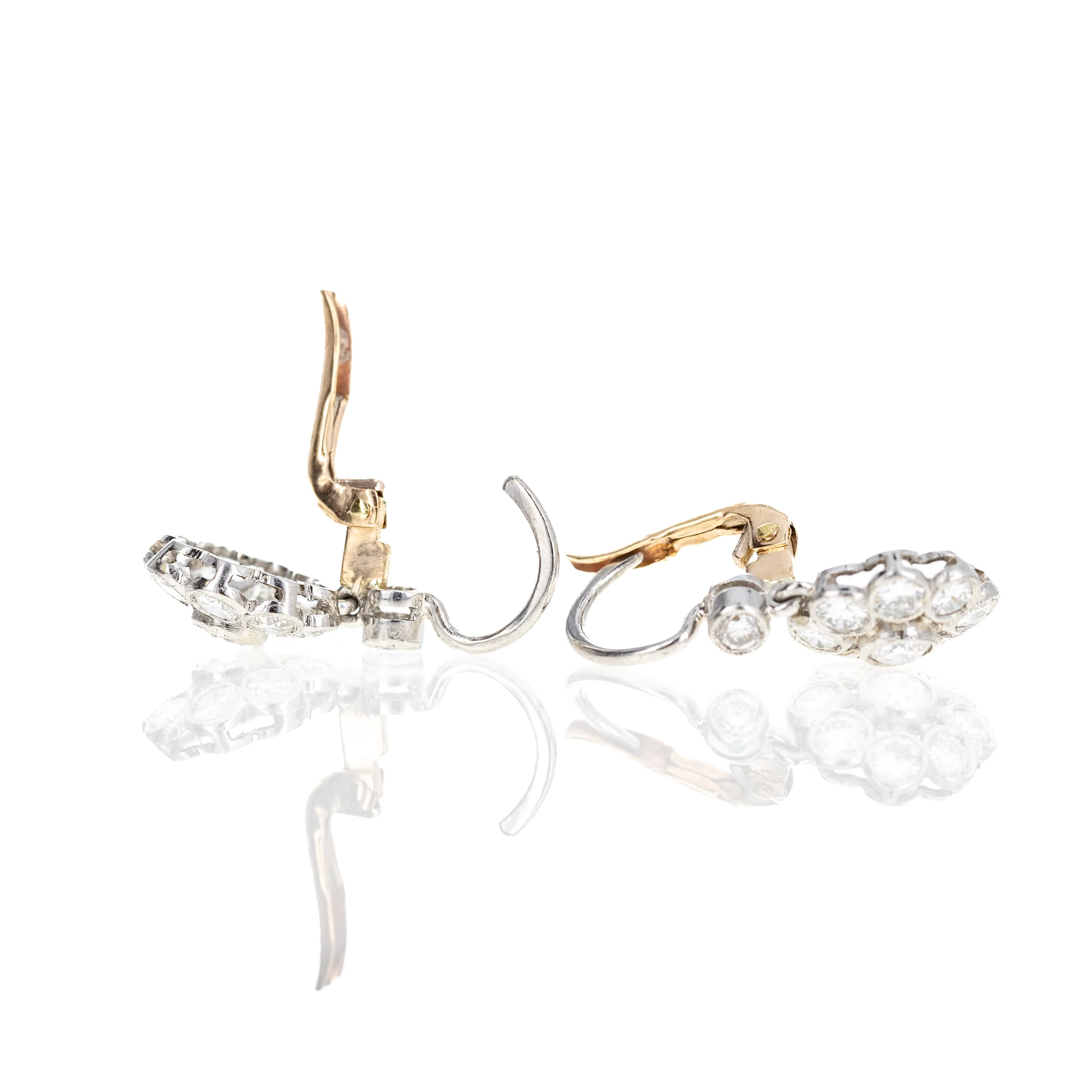 Edwardian Inspired Platinum & 18K Gold 1.60 Carat Diamond Cluster Drop Earrings