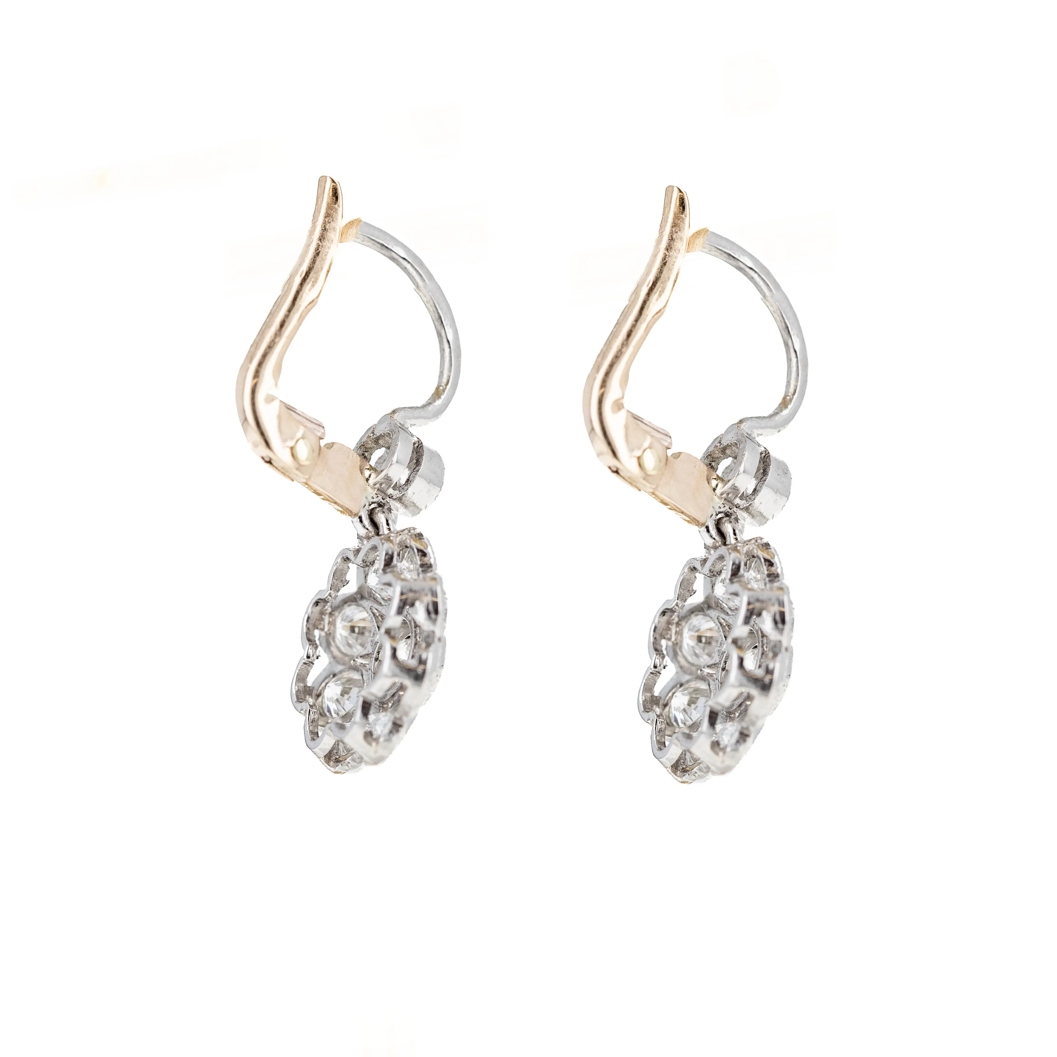 Edwardian Inspired Platinum & 18K Gold 1.60 Carat Diamond Cluster Drop Earrings