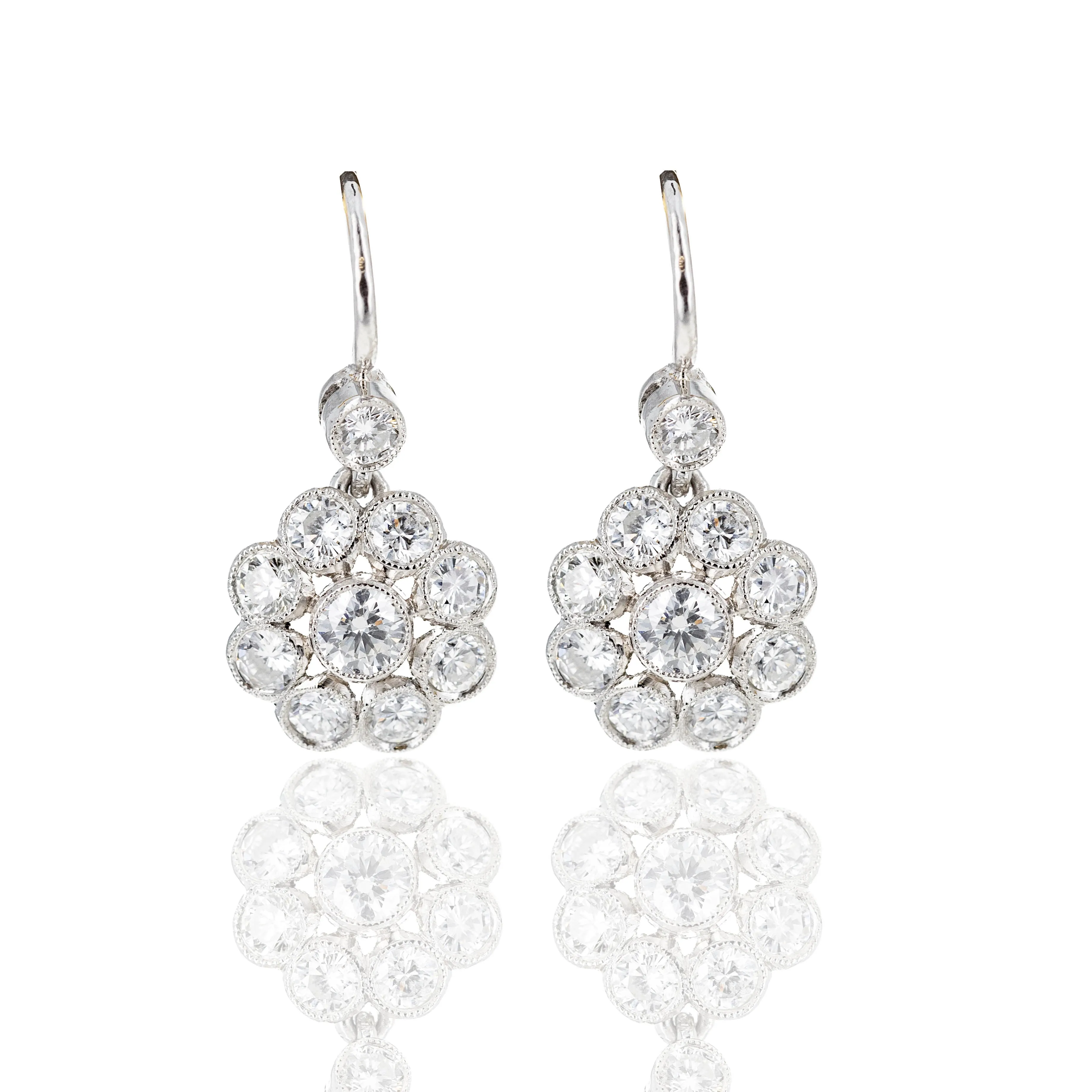 Edwardian Inspired Platinum & 18K Gold 1.60 Carat Diamond Cluster Drop Earrings