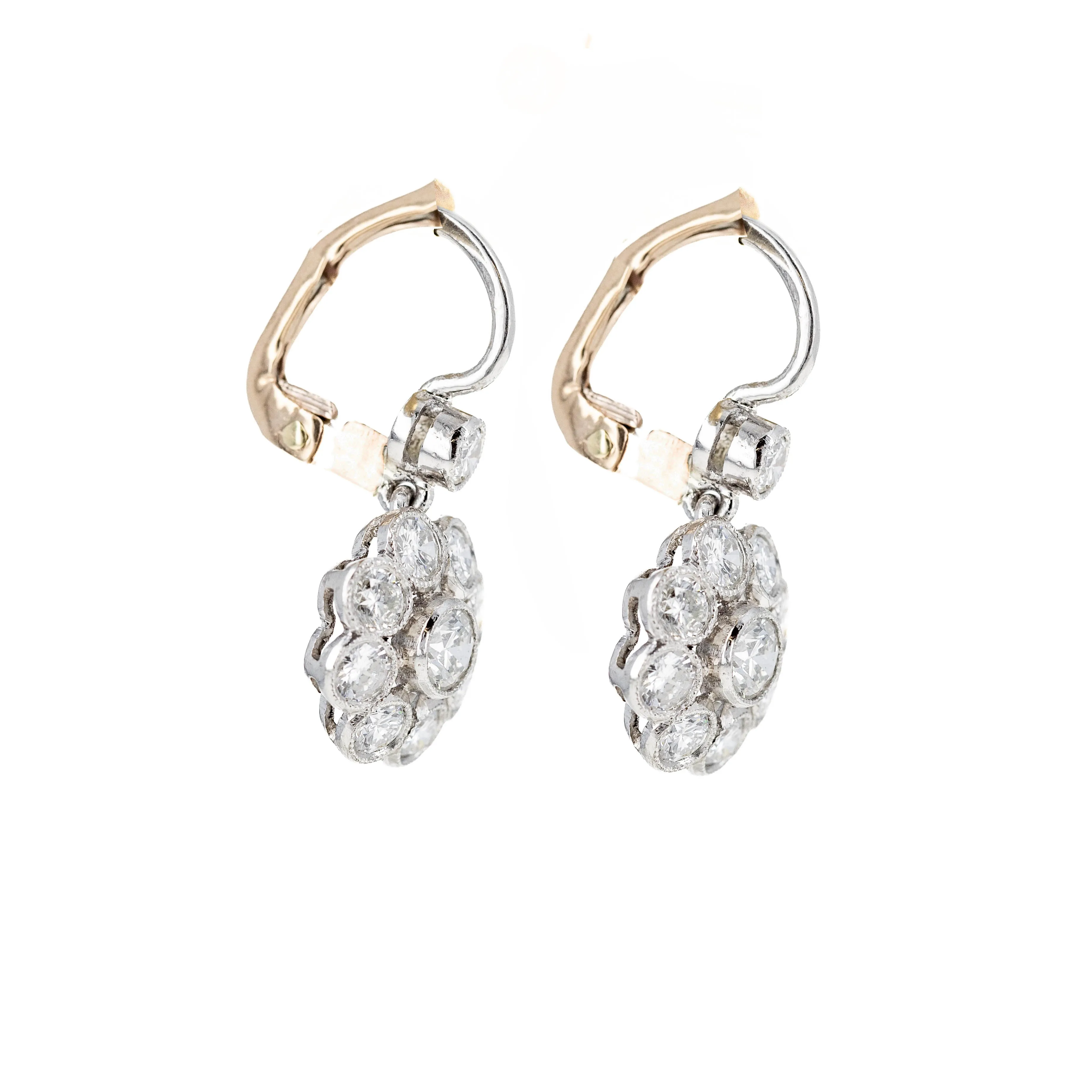 Edwardian Inspired Platinum & 18K Gold 1.60 Carat Diamond Cluster Drop Earrings
