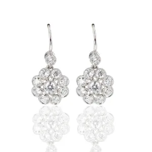 Edwardian Inspired Platinum & 18K Gold 1.60 Carat Diamond Cluster Drop Earrings