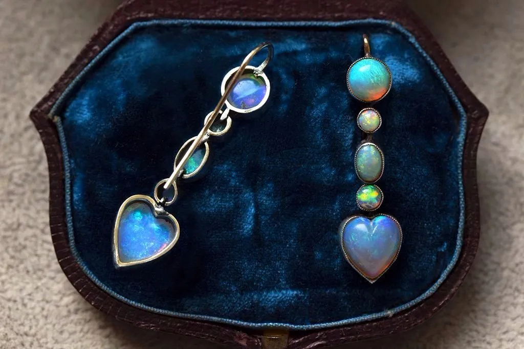 Edwardian Opal Heart Drop Earrings