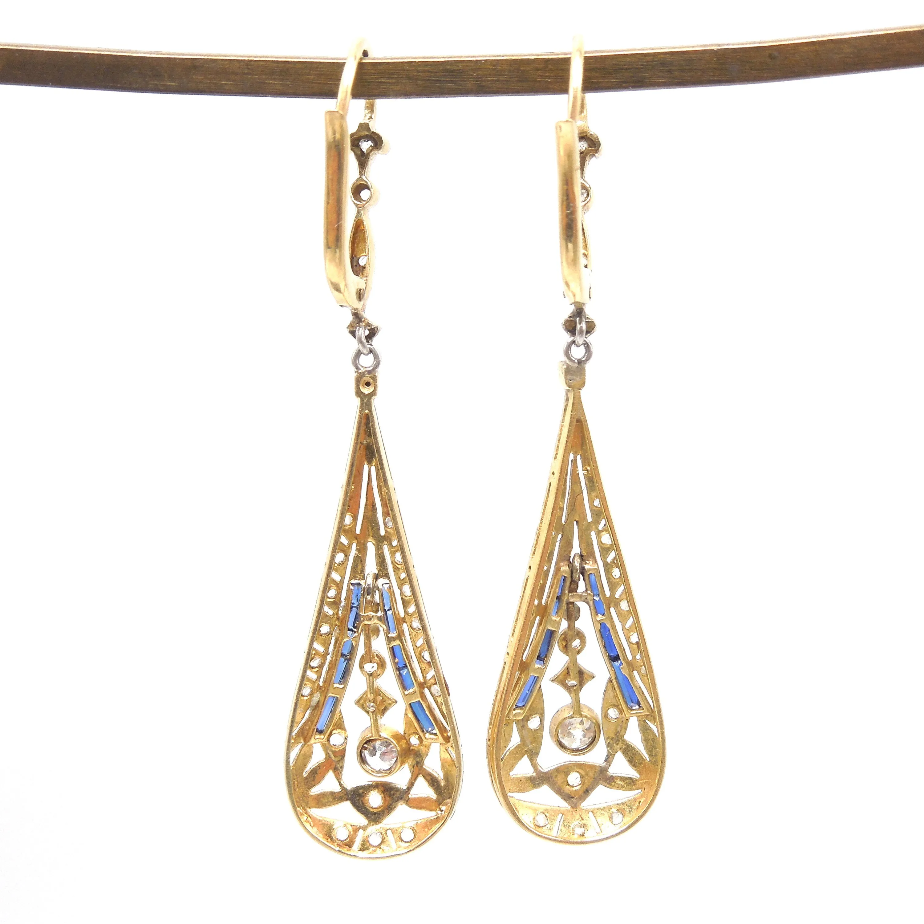Edwardian Platinum and 18K Yellow Gold Drop Earrings with Sapphires and Diamonds