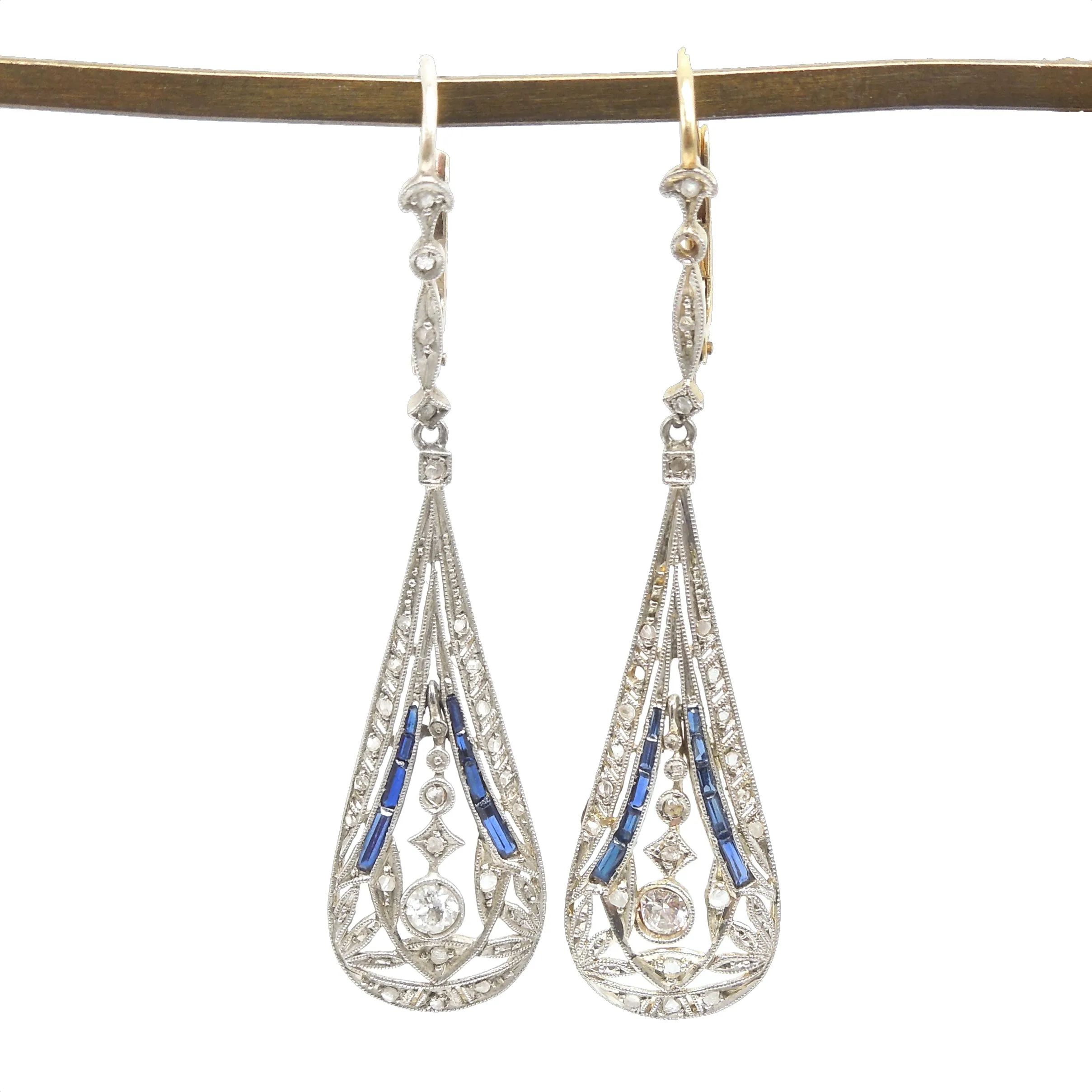 Edwardian Platinum and 18K Yellow Gold Drop Earrings with Sapphires and Diamonds