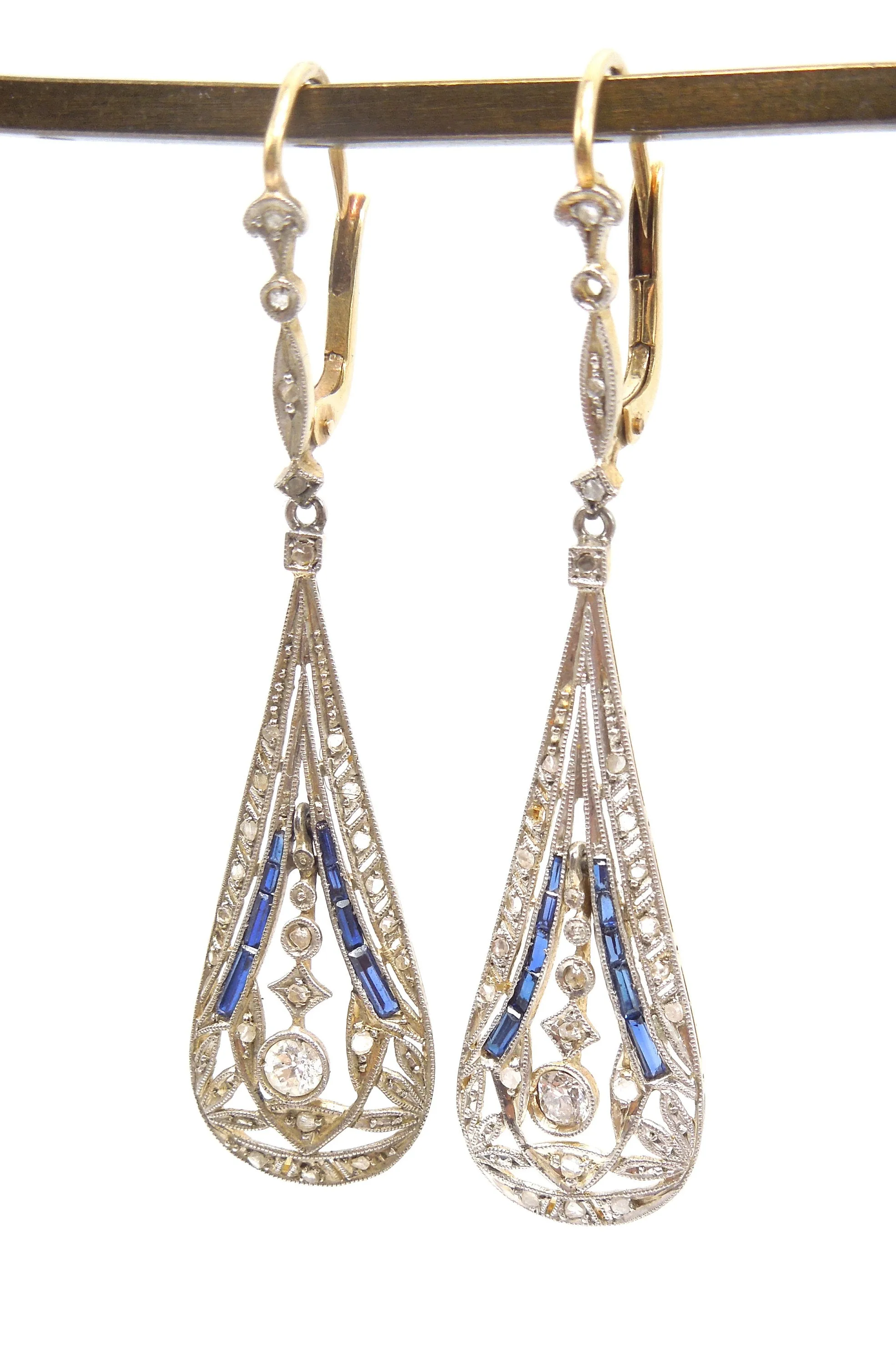 Edwardian Platinum and 18K Yellow Gold Drop Earrings with Sapphires and Diamonds