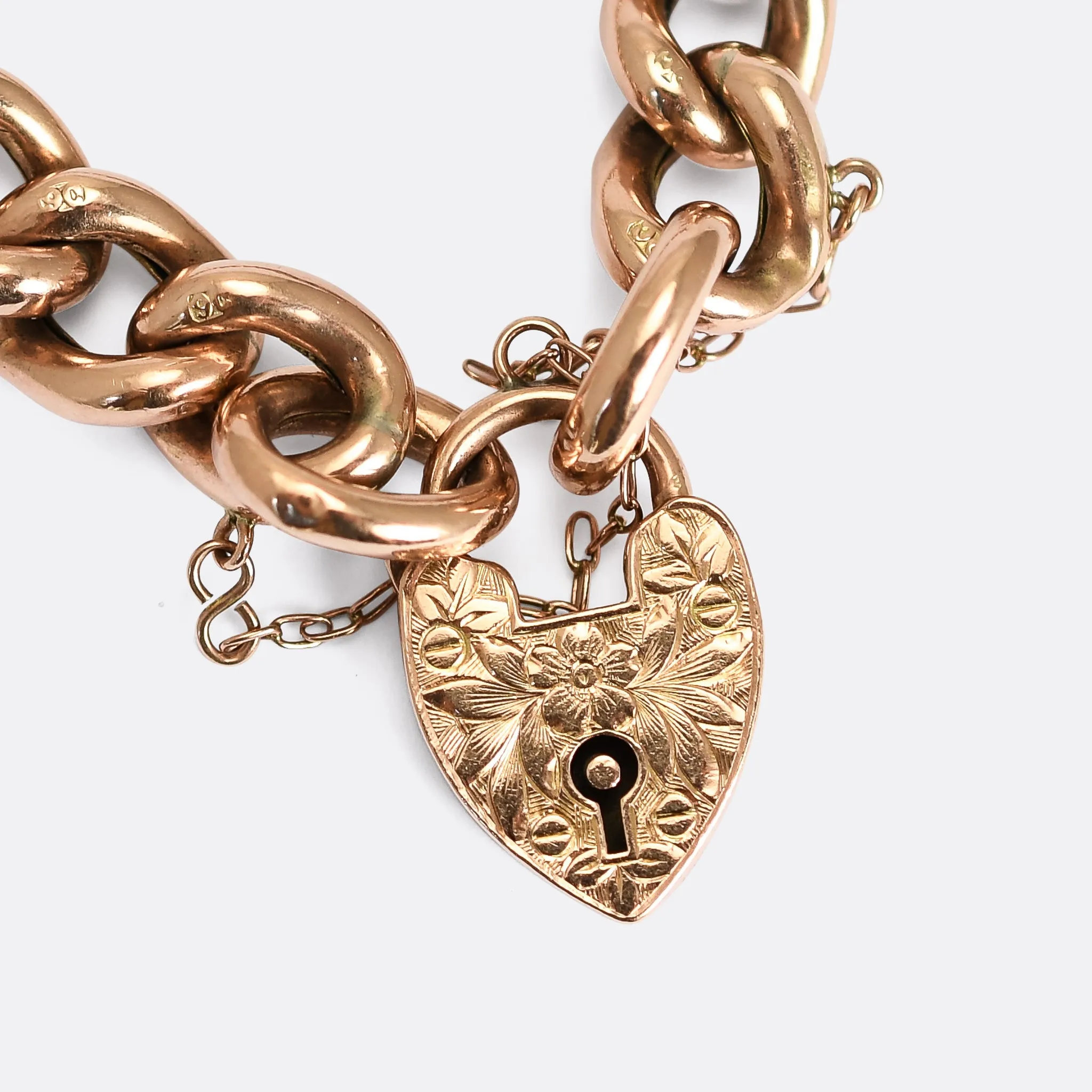 Edwardian Rose Gold Curb-Link Heart Padlock Bracelet