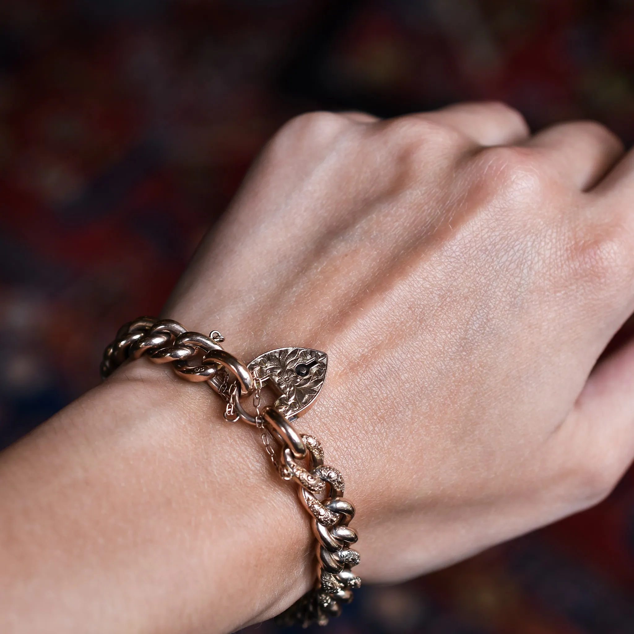 Edwardian Rose Gold Curb-Link Heart Padlock Bracelet