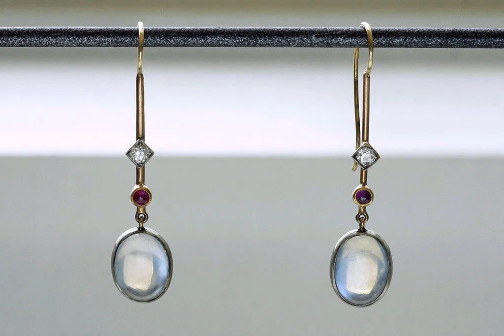 Edwardian 'Skate-Blade' Earrings with Moonstone, Diamond and Ruby