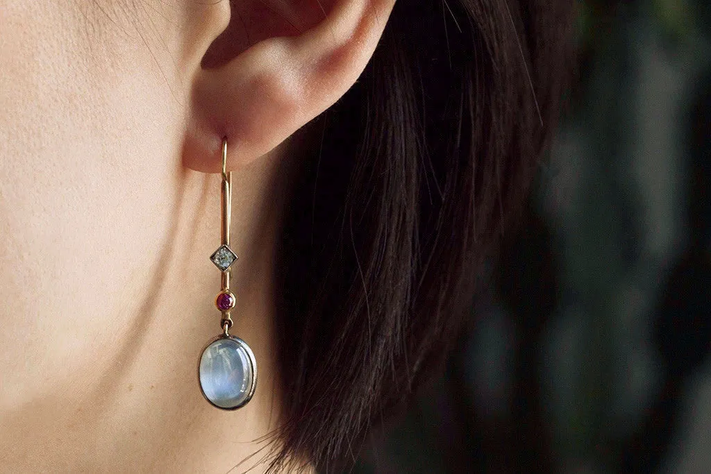 Edwardian 'Skate-Blade' Earrings with Moonstone, Diamond and Ruby
