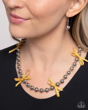 Elegant Event - Yellow - Ribbon Silver Bead Paparazzi Short Necklace