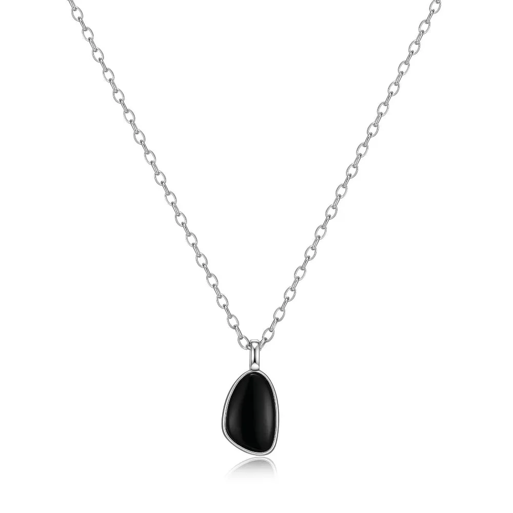 Elle Pebble Sterling Silver Rhodium Plated Black Agate Necklace