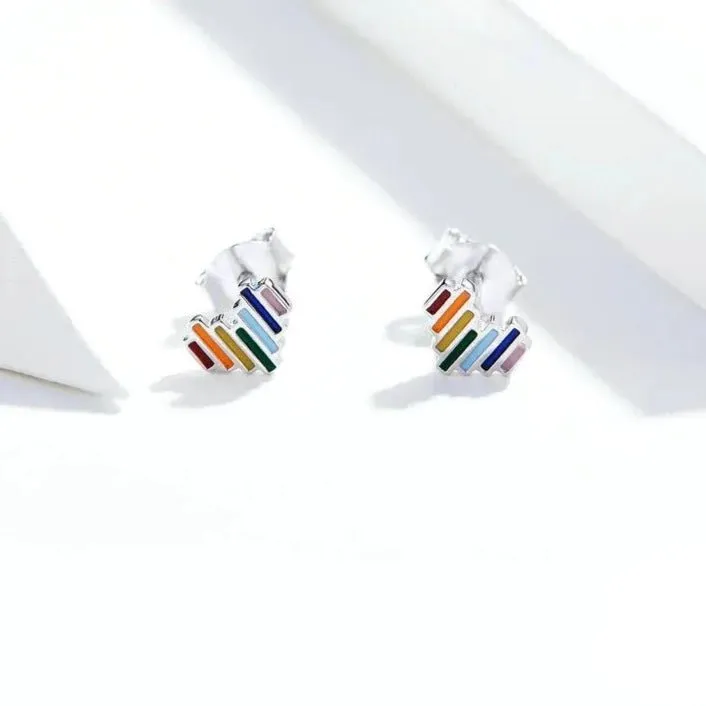 Enamel Rainbow Heart Stud Earrings