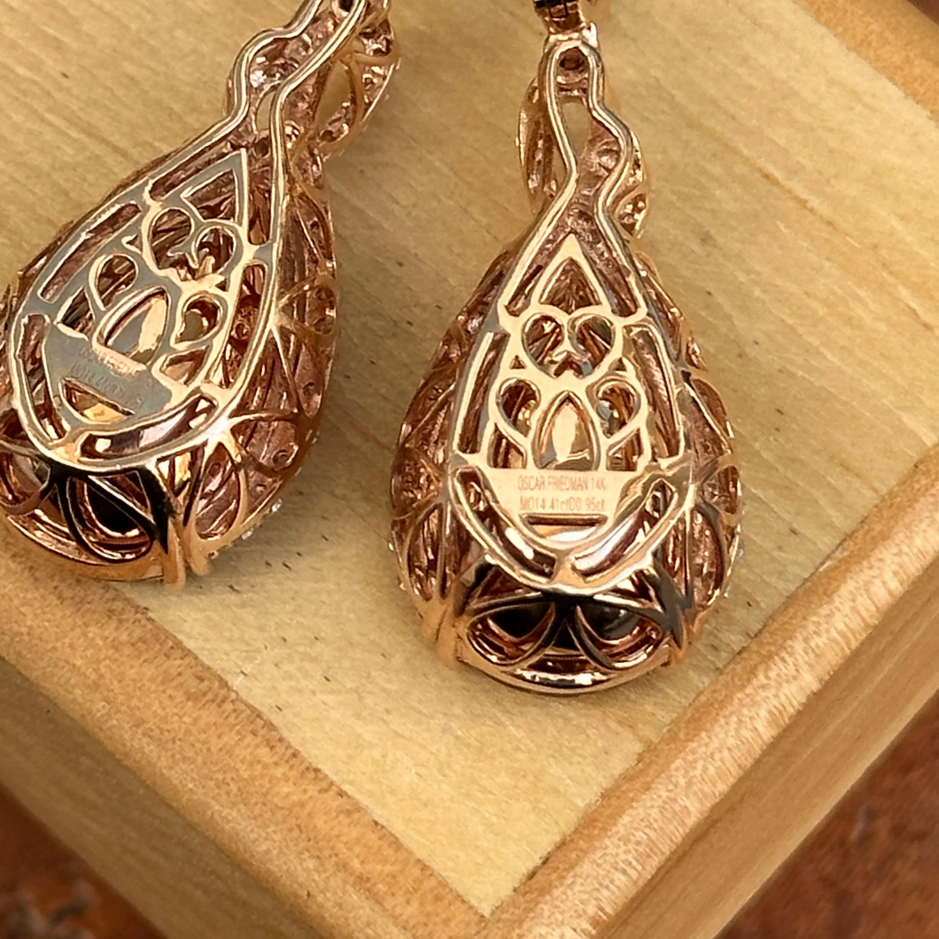 Estate 14KT White Gold Pear Peach Morganite   Diamond Hoop Earrings