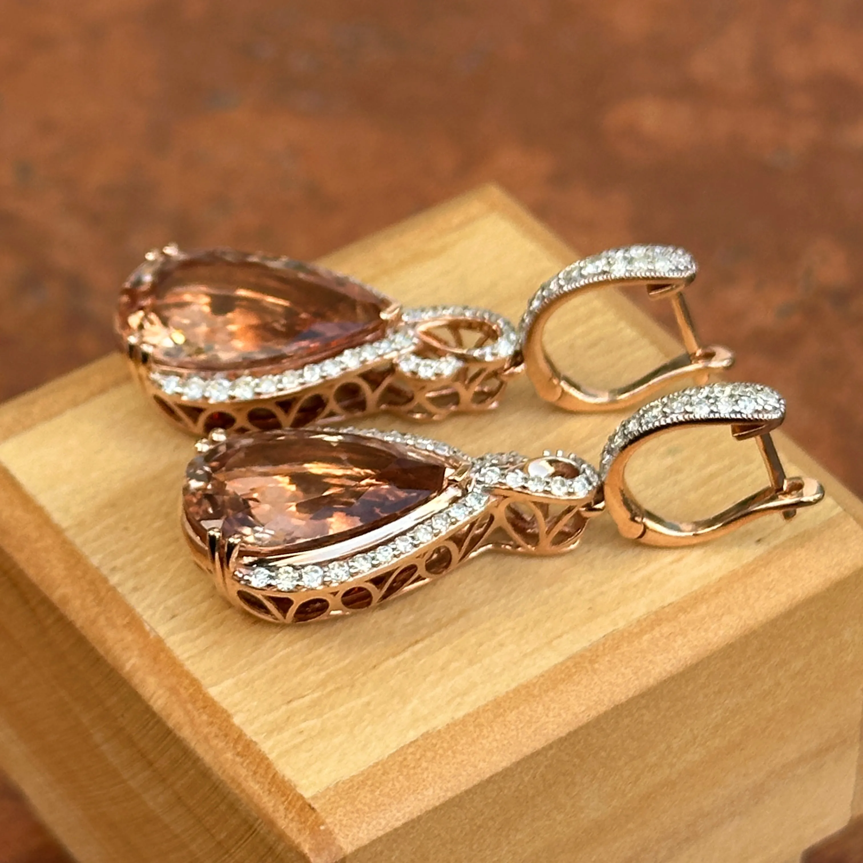 Estate 14KT White Gold Pear Peach Morganite   Diamond Hoop Earrings