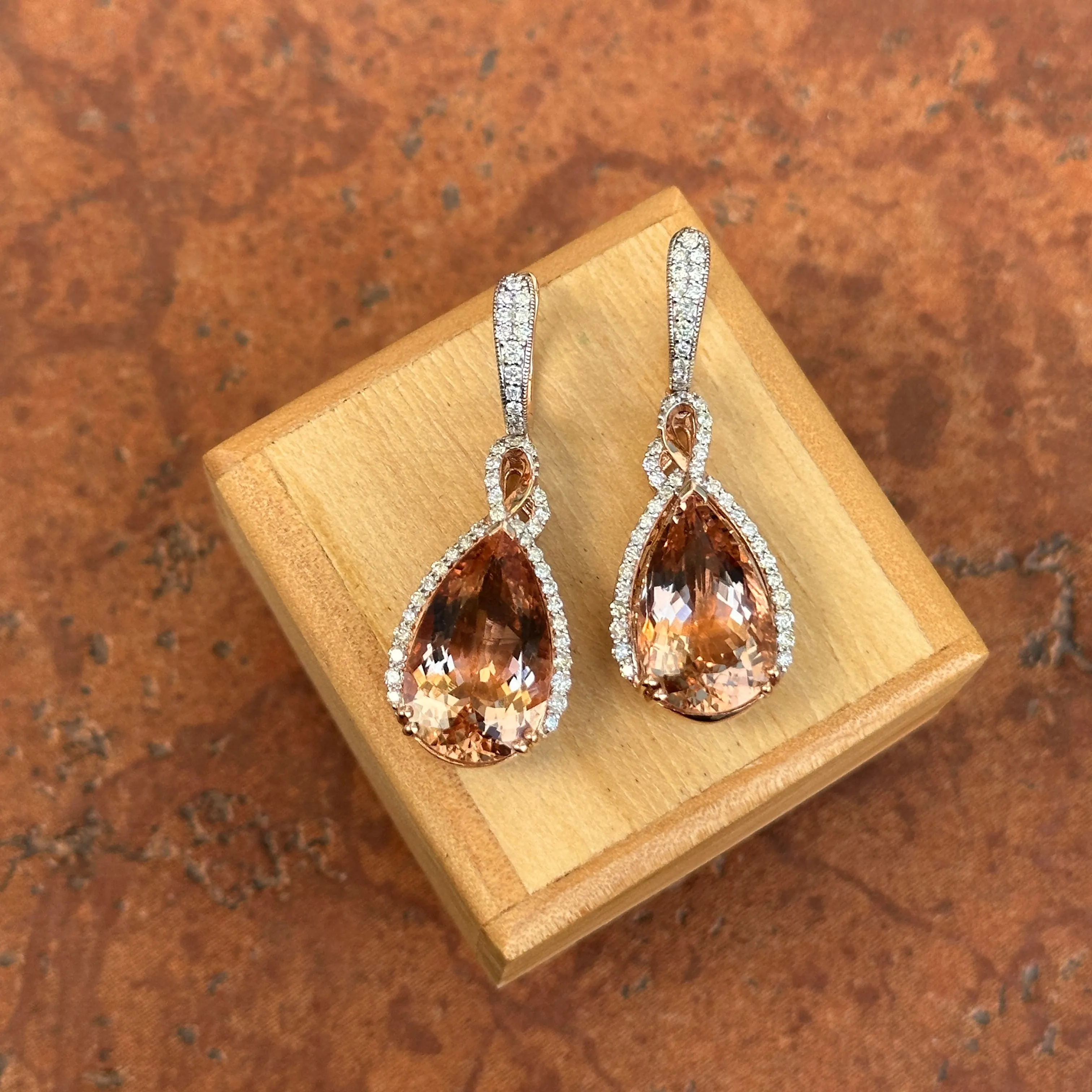 Estate 14KT White Gold Pear Peach Morganite   Diamond Hoop Earrings